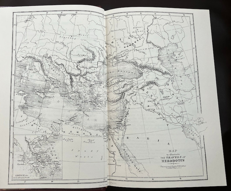 May include: A black and white map illustrating the travels of Herodotus. The map shows the ancient world, including Greece, Persia, and Egypt. The text on the map reads "MAP to illustrate THE TRAVELS of HERODOTUS".