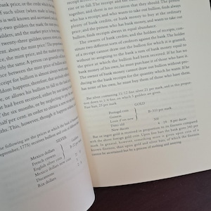 K&ouml;nnte beinhalten: Aufgeschlagenes Buch mit Text &uuml;ber Wirtschaft, einschlie&szlig;lich des Titels &bdquo;Of Restraints&ldquo; und Tabellen mit Silber- und Goldpreisen. Die Seiten sind vergilbt, das Buch ist blau gebunden.