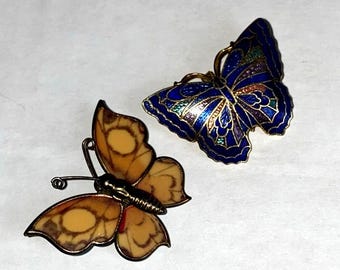 2 Butterfly Vintage Brooch Pin Cloisonné Enamel Metal Glitter Blue Gold Insect