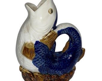 Vintage Gurgle Fish Pitcher Glug Jug Gluggle Mermaid Koi Fish majolica STYLE GUC