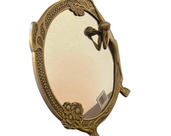 Vintage Art Nouveau Mirror / Oval Brass Framed Woman Lady by the Lake Art Deco