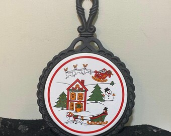Cast Iron Christmas Tile Trivet Scenery Cooling Santa Reindeer Vintage Hanging