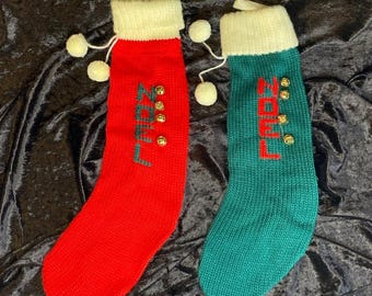 NOEL Vintage Long Sock Stocking with Bells Department 56 Red Green Dept pom bon