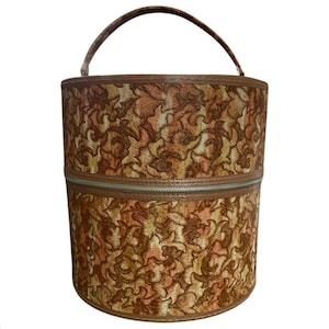 May include: A cylindrical vanity case featuring a textured brown, tan, and cream floral pattern. The case has a brown top handle, a horizontal zip closure around the middle, and a structured circular base, providing a compact storage solution.