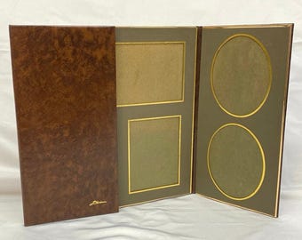Vintage Art Leather Folio 8 Picture/Photo Tri-Fold Display Brown Decor Green
