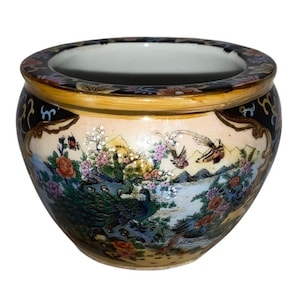 Famille Rose Style Chinese Porcelain Town Scene Satsuma Fish Bowl Planter Vase