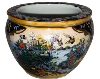 Famille Rose Style Chinese Porcelain Town Scene Satsuma Fish Bowl Planter Vase