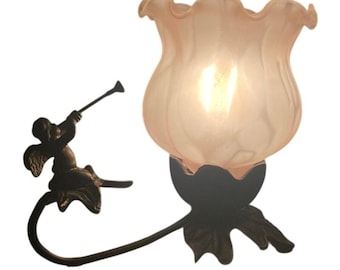 Vintage Brass Angel Cherub Blowing Horn On Leaf Accent Lamp Tulip art nouveau