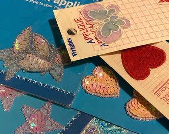 VNTG Iron On Appliques Wright&#39;s Fashionable Sparkle Flower Butterfly Heart Star