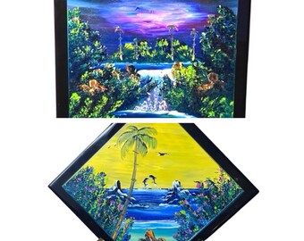 Une Peinture D'une Scène De Plage Avec Un Palmier Et L'océan En Arrière