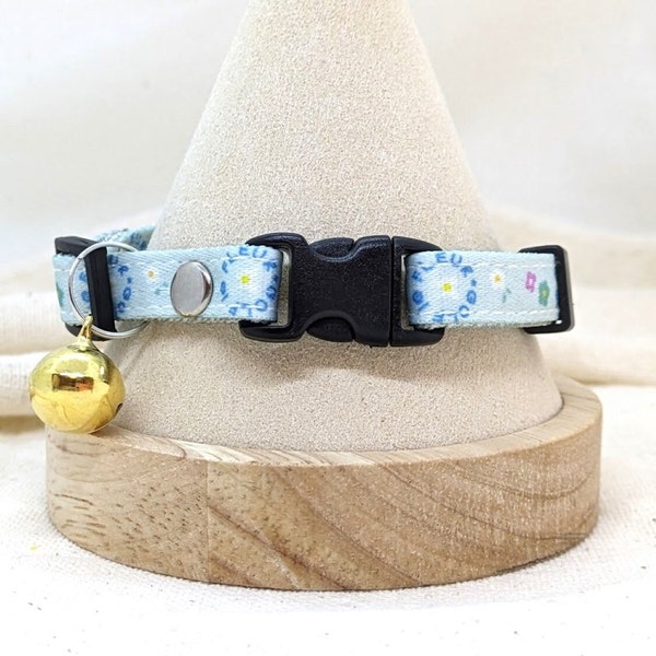 Cat Collar blue colorful flowers pattern Removable Bell with removable metal bell 3/8 Cat and Mini dog Collar