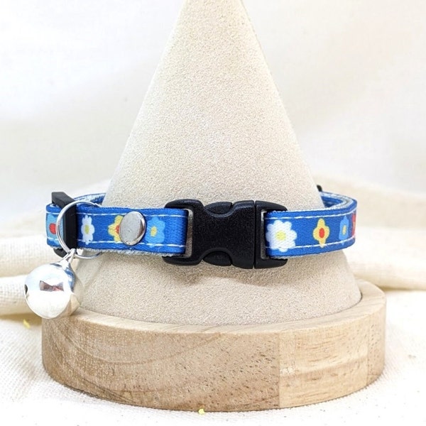 Cat Collar Blue colorful flowers pattern Removable Bell with removable metal bell 3/8 Cat and Mini dog Collar