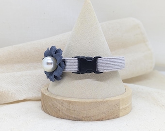 Gray Velvet Flower Cat Collar: Breakaway Kitten Collar with Bell