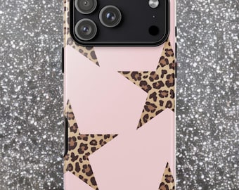 Capa para iPhone com estampa de leopardo rosa blush e estrelas: Capa para celular com estampa animal glamourosa dos anos 2000