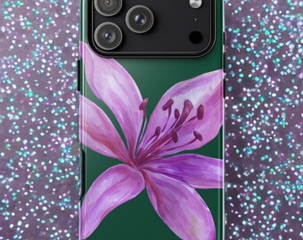 Purple Floral Tiger Lily iPhone case Botanical Flower Pattern Green Phone cover