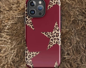 Burgundy Leopard Star iPhone Case – Red Y2K Animal Print Trendy fall back to school Aesthetic for iPhone 11 12 13 14 15 16 Pro Max Plus Mini