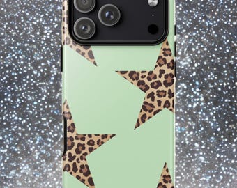 Capa para iPhone verde menta com estampa de leopardo e estrelas: Capa para celular com estampa animal glamourosa dos anos 2000