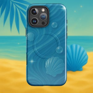May include: A blue phone case with a seashell design. The case features a swirling water pattern, bubbles, and embossed seashells. The background suggests a beach scene with a blue seashell prop.