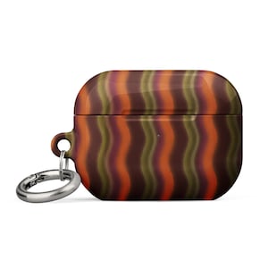 May include: A protective case for wireless earbuds featuring a glossy finish with a repeating vertical wavy pattern in shades of dark brown, burnt orange, and olive green. The case includes a silver-toned metal carabiner ring attached to the side.