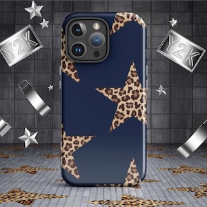 Navy Leopard Star iPhone Hülle - Grunge Y2K Ästhetik, kantiger dunkler Druck, iPhone 11 12 13 14 15 16 Pro Max Hülle
