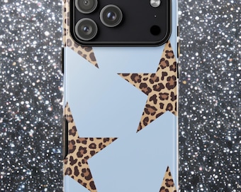 Capa para iPhone com estampa de leopardo azul celeste e estrelas: Capa para celular com estampa animal glamourosa dos anos 2000