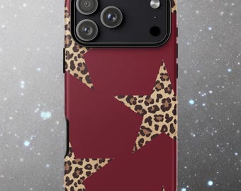 Cover per telefono Y2K, design leopardato bordeaux con stelle e finitura lucida.