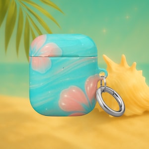 Hibiscus Tide AirPods Case – Glossy aqua pink Floral Beach Aesthetic Cover Mermaidcore Y2K Coquette Vibe Gen 1 2 3 Pro 1 2 Wireless Charging