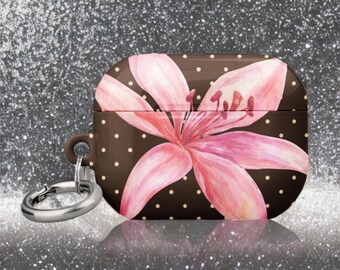 Capa para AirPods Mocha com estampa floral rosa de bolinhas, estampa Tiger Lily Y2k Coquette.