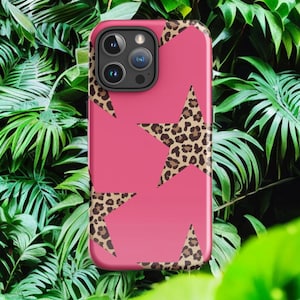 ヒョウ柄スターフォンケース ピンク 美的 iPhoneケース Y2K ウエスタングラム アニマルプリントケース トレンディな保護 iPhone 11、12、13、14、15、16 ケース
