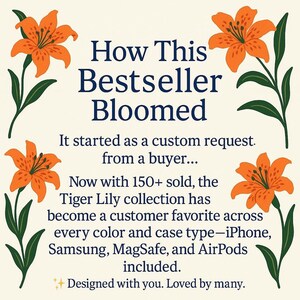 An informational graphic featuring dark blue text that reads How This Bestseller Bloomed surrounded by orange tiger lilies and green stems on a cream background.