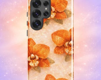 Capa Samsung com Glitter Orquídea Laranja - Glamour Botânico de Primavera - Flor de Ébano