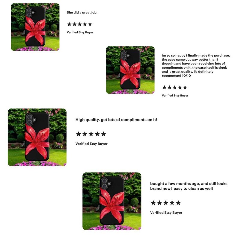 Four customer review screenshots display five-star ratings and positive comments alongside small images of the red lily phone case.