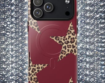 Custodia per iPhone con stampa leopardata bordeaux, rivestimento interno in TPU compatibile con MagSafe, stampa a stelle Y2K