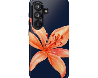 Capa para Samsung Galaxy S26 com estampa floral aquarela azul marinho e lírio tigre coral