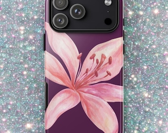 Pink Purple Floral iPhone Case Tiger Lily Phone Cover Botanical Y2k Coquette Flower Pattern