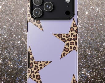 Capa para iPhone com estampa de leopardo lavanda e estrelas: Capa para celular com estampa animal glamourosa dos anos 2000