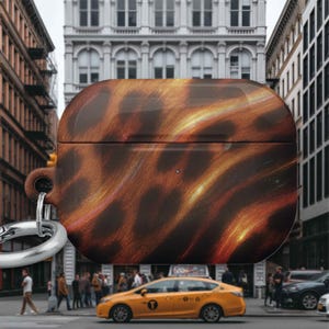 Op de afbeelding: Een AirPod-hoesje met een bruin en oranje wervelpatroon, compleet met een zilveren sleutelhanger. De hoes heeft een ontwerp in tinten bruin, oranje en geel. De achtergrond toont een stadsstraat met gebouwen en een gele taxi.