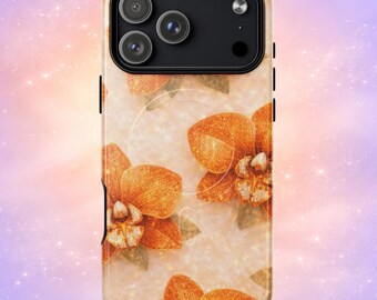 Capa MagSafe para iPhone com Orquídea Laranja e Glitter - Flor de Ébano
