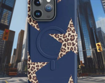Magsafe Navy Leopard Star iPhone Case – Bold Grunge Y2K Aesthetic, Edgy Dark Print, Protective iPhone 14 15 16 Pro Max Case