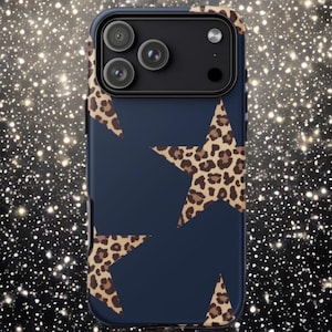 Capa para iPhone com estampa de leopardo azul-marinho e estrela, estilo anos 2000.
