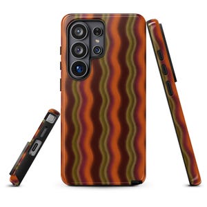 May include: A smartphone case featuring a vertical wavy pattern in shades of orange, brown, and olive green. The case is shown from the back, side, and bottom angles, revealing the camera cutout, side buttons, and charging port opening.