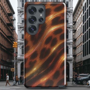 May include: A brown and gold phone case with a leopard print design. The case has a glossy finish and a camera cutout. The background shows a city street with buildings and people.