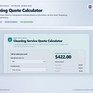 May include: A digital cleaning quote calculator interface featuring a light blue colour scheme. The display shows input fields for home size and service type, alongside a calculated price of $422.00 and a breakdown of estimate details for residential cleaning.