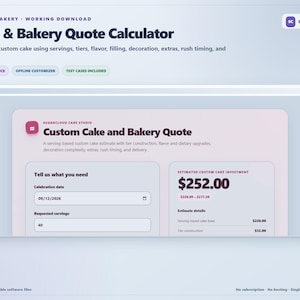 Op de afbeelding: Een digitale software-interface voor een taart- en bakkerijoffertecalculator met velden voor de datum van de viering, het aantal porties en de geschatte investering. De lay-out bevat labels voor taartlagen, smaak en bezorgopties.