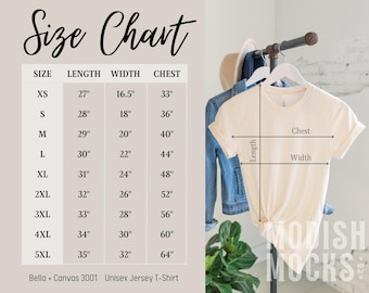 Bella Canvas 3001 Tabla de tallas / Tabla de tallas de camisetas / Guía de tallas de camisetas unisex / Tabla de tallas de camisetas / Medición de camisetas / Digital