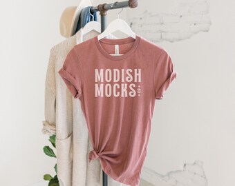 Bella Canvas 3001 Mockup/ Bella Canvas Pink Shirt Mockup/ Hanging Tshirt Mockup/ Heather Mauve 3001/ Tied T-shirt Mockup/ Fall Tshirt