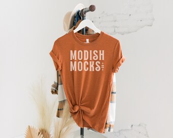 Bella Canvas 3001 Mockup/ Bella Canvas Orange Shirt Mockup/ Hanging Tshirt Mockup/ Heather Autumn 3001/ Tied T-shirt Mockup/ Fall Tshirt