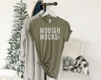 Bella Canvas 3001 Mockup/ Bella Canvas Green Shirt Mockup/ Hanging Tshirt Mockup/ Heather Olive 3001/ Tied T-shirt Mockup/ Christmas Tshirt