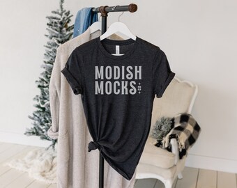 Bella Canvas 3001 Maqueta/ Bella Canvas Camisa Gris Oscuro/ Maqueta de camiseta colgante/ Heather Gris Oscuro 3001/ Maqueta de camiseta atada/ Camiseta navideña