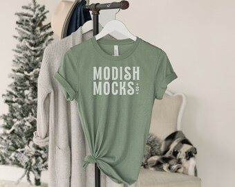 Bella Canvas 3001 Mockup/ Bella Canvas Green Shirt Mockup/ Hanging Tshirt Mockup/ Heather Sage 3001/ Tied T-shirt Mockup/ Christmas Tshirt